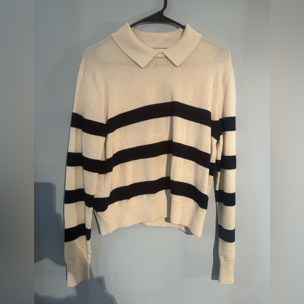 Cream and Navy Striped Turtleneck Sweater